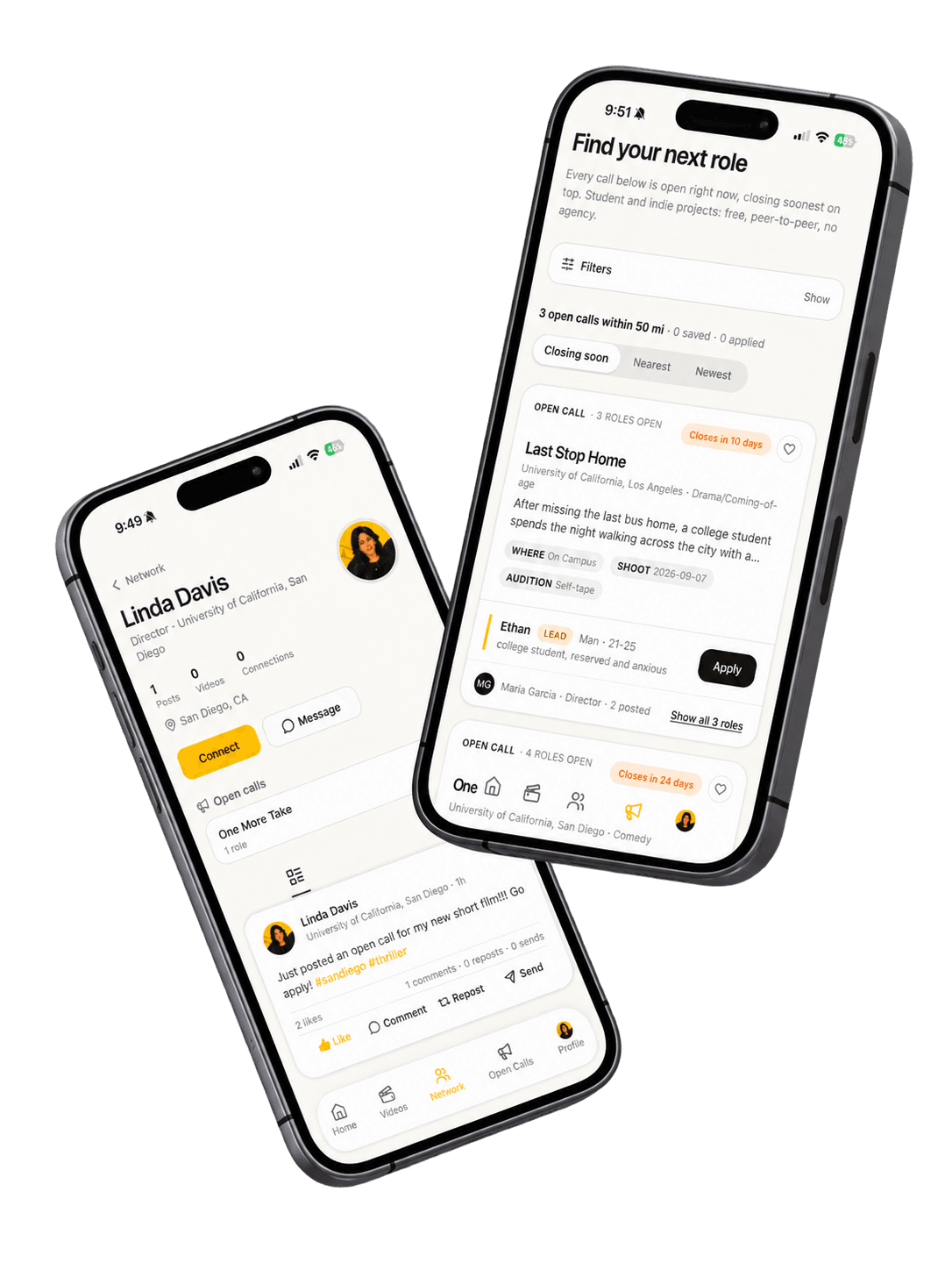 FilmBustr profile, network, and open calls screens on iPhone