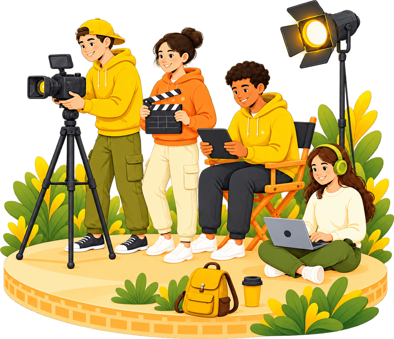 Illustration of a student film crew shooting on set: a camera operator, a clapperboard, a director reviewing a tablet, and an editor working on a laptop